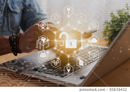 Casual Businessman Hand Touching Mobile Phone and Hexagonal Unlock Security Sign 93638432
