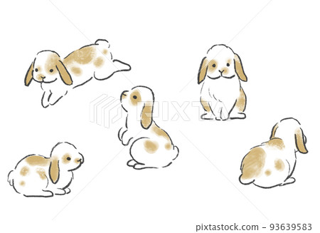 Cute illustrations of rabbits, collection of poses, drooping ears, lop ears 93639583