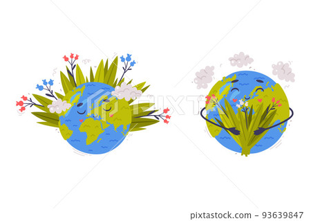 Smiling Earth Globe with Green Grass and Clouds as Ecology and Environment Protection and Conservation Vector Sticker Set 93639847