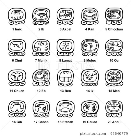 Tzolkin calendar, inscription glyphs of the twenty day names. With sequence numbers, and with the individual names of 20 days in Yucatec Maya language. Part of 260 day Mesoamerican or Maya calendar. Tzolkin calendar, inscription glyphs of the twenty day names. With sequence numbers, and with the individual names of 20 days in Yucatec Maya language. Part of 260 day Mesoamerican or Maya calendar. 93640779