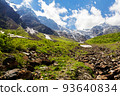 A view of a fabulous glacier in the mountains of the Greater Caucasus. 93640834