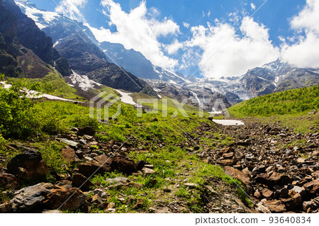 A view of a fabulous glacier in the mountains of the Greater Caucasus. 93640834