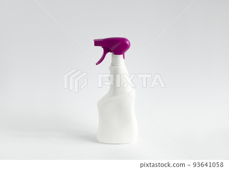 White detergent bottles or chemical cleaning supplies with a violet sprayer isolated on white background. 93641058