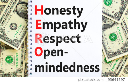 HERO honesty empathy respect open-mindedness symbol. Concept words HERO honesty empathy respect open-mindedness on the note on dollar background. HERO honesty empathy respect open-mindedness concept. HERO honesty empathy respect open-mindedness symbol. Concept words HERO honesty empathy respect open-mindedness on the note on dollar background. HERO honesty empathy respect open-mindedness concept. 93641397