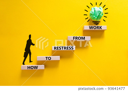Restress from work symbol. Concept words How to restress from work on wooden blocks. Doctor icon. Beautiful yellow background. Psychological business and restress from work concept. Copy space. Restress from work symbol. Concept words How to restress from work on wooden blocks. Doctor icon. Beautiful yellow background. Psychological business and restress from work concept. Copy space. 93641477