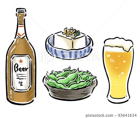 啤酒瓶、玻璃杯中的啤酒、小吃（青豆、冷 yakkoko）、手繪插圖 93641634