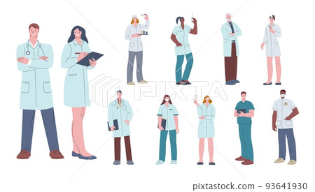 Doctor and nurse characters. Happy hospital workers, nurses lab portrait. Medical care group professionals. Healthcare and clinic kicky vector occupations 93641930