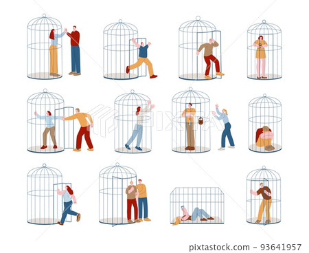 People in cages. Cage limit woman life, personal independence and subdued oppressed kicky person. Feeling freedom, mental health. Open close door vector set 93641957