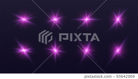Pink lens flare, glowing star with rays, shiny flash spark, bright cosmic explosion isolated on black. 93642009