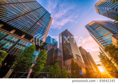 Tokyo cityscape in Japan Looking at the office buildings at the "Otemachi" intersection dyed in the setting sun = August 27 93642145
