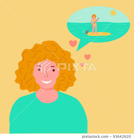 Smiling girl with curly hair dreaming about summer and paddleboarding, flat vector 93642620