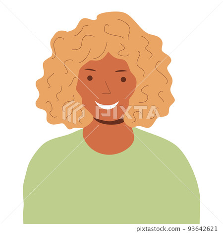 Young smiling girl with curly hair and brown skin type, flat vector portrait 93642621