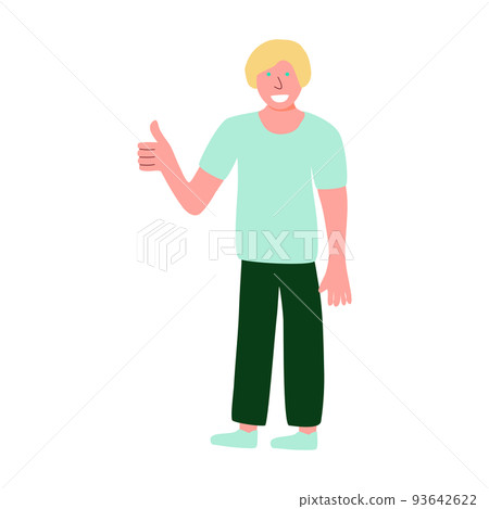 Boy standing and showing positive emotions with thumb up gesture, approval sign, flat vector Boy standing and showing positive emotions with thumb up gesture, approval sign, flat vector 93642622