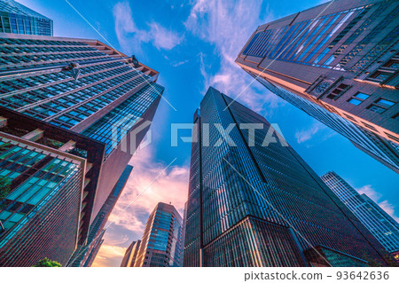 Tokyo cityscape in Japan Looking at office buildings dyed in the setting sun from the intersection in front of Otemachi station = August 27 93642636
