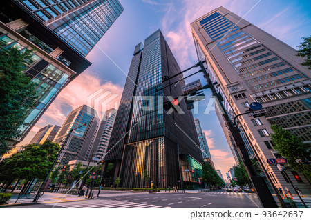 Tokyo cityscape in Japan Looking at office buildings dyed in the setting sun from the intersection in front of Otemachi station = August 27 93642637