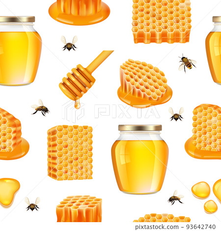Apiary pattern. Honeycomb cells healthy ingredients decent vector seamless background with bee wax 93642740