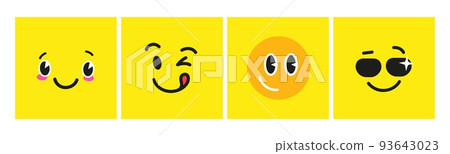 Cute cartoon faces on yellow cards. Yummy face, smile with sunglasses and embarrassed muzzle. Vector bright positive emotional elements Cute cartoon faces on yellow cards. Yummy face, smile with sunglasses and embarrassed muzzle. Vector bright positive emotional elements 93643023