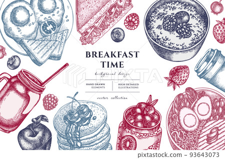 Breakfast hand drawn illustration design. Background with vintage sandwich, pancakes, bowl with avocado, porridge with berries, chia pudding, fried eggs, raspberry, blueberry, strawberry, apples Breakfast hand drawn illustration design. Background with vintage sandwich, pancakes, bowl with avocado, porridge with berries, chia pudding, fried eggs, raspberry, blueberry, strawberry, apples 93643073