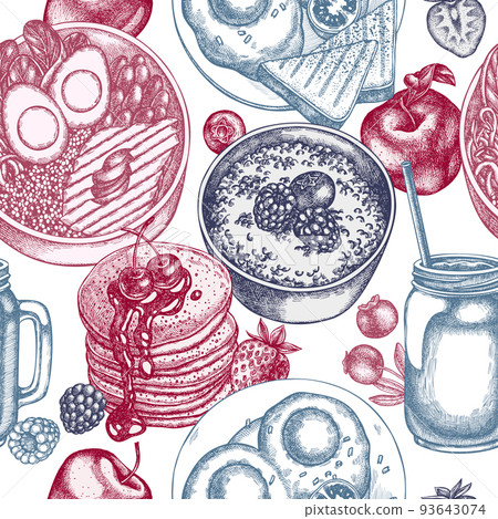 Breakfast seamless pattern background design. Engraved style. Hand drawn pancakes, bowl with avocado, porridge with berries, fried eggs, raspberry, blueberry, strawberry, apples, smothie jars. 93643074