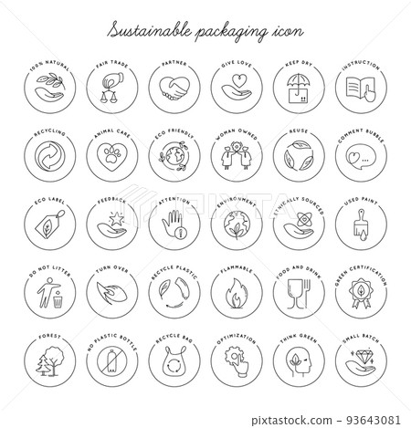 Vector set of linear circle design elements, logo templates, icons, and badges for eco packaging. 93643081