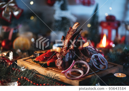 grilled barbecue meat ribs, veal, beef, lamb rack with vegetables, christmas bbq grilled barbecue meat ribs, veal, beef, lamb rack with vegetables, christmas bbq 93643584