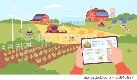 Smart farming management. Digital control agriculture and weather monitoring from internet tablet computer, drone iot technology farming equipments, garish vector illustration 93643687