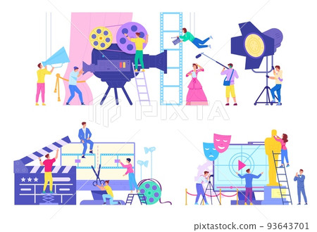 Filming team concept. Cinema production staff, making movie crew and film industry watch tv entertainment, cinematography shooting process cine maker, swanky vector illustration 93643701