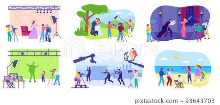 Shooting movie scenes. Film backstage video shoot location tv studio making cinema production crew, camera recording videoshoot fashion actor or actress, swanky vector illustration 93643703