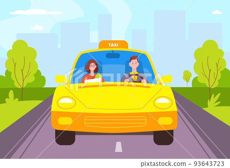 Driver and client taxi. Chauffeur cab with sitting passenger in cabin car front view, drive man talk customer driving automobile vehicle windshield, splendid vector illustration 93643723