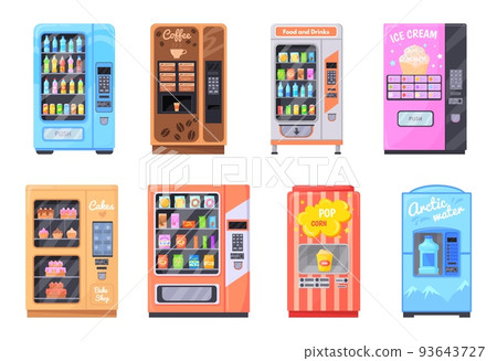 Cartoon vending machines. Automatic snacks machine bubblegum candies food bar, convenienc dispenser soda water drinks industry sell coffee beverage cartoon neat vector illustration Cartoon vending machines. Automatic snacks machine bubblegum candies food bar, convenienc dispenser soda water drinks industry sell coffee beverage cartoon neat vector illustration 93643727