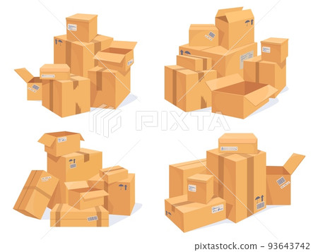 Carton box stack. Stacked parcel cardboard packages, lot isometric boxes pile delivery return courier cargo stockpile move service packing stock mail pack, neat vector illustration 93643742