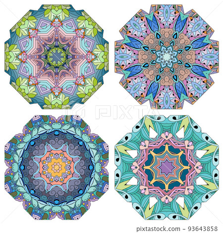Hand drawn zentangle set of 4 color mandalas for decoration 93643858