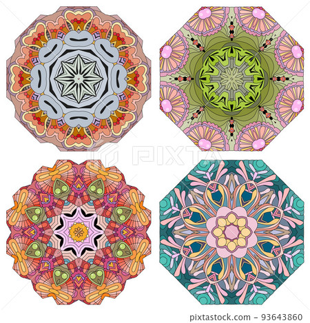 Hand drawn zentangle set of 4 color mandalas for decoration 93643860
