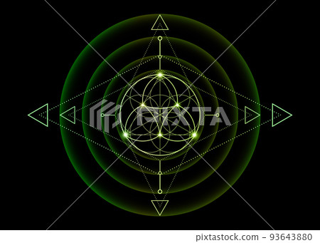 Sacred Geometry, Flower of Life, lotus flower mandala. Green gradient logo Symbol of Harmony and Balance, Glowing Geometrical Ornament, yoga relax, vector isolated on black background  93643880