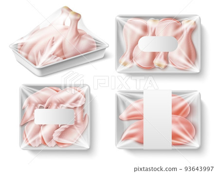 Tray packing chicken meat. Realistic raw turkey in plastic substrates with transparent polyethylene, products storage and packaging, whole poultry and parts, 3d elements utter vector set Tray packing chicken meat. Realistic raw turkey in plastic substrates with transparent polyethylene, products storage and packaging, whole poultry and parts, 3d elements utter vector set 93643997