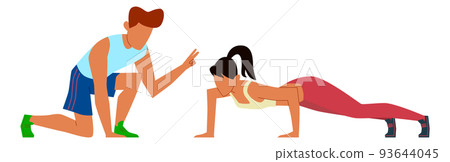 Fitness coach training woman. Push ups exercise Fitness coach training woman. Push ups exercise 93644045