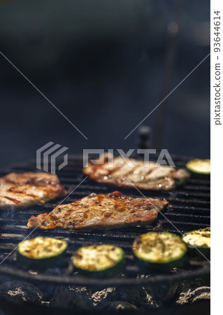 pork and zucchini, garden grill with charcoal pork and zucchini, garden grill with charcoal 93644614