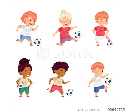 Little Boy and Girl in Sports Shirt and Shorts Playing Football Kicking Ball and Scoring Goal Vector Set Little Boy and Girl in Sports Shirt and Shorts Playing Football Kicking Ball and Scoring Goal Vector Set 93644715