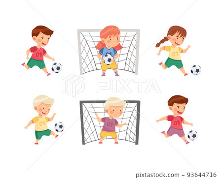 Little Boy and Girl in Sports Shirt and Shorts Playing Football Kicking Ball and Scoring Goal Vector Set 93644716
