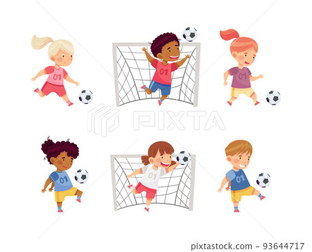 Little Boy and Girl in Sports Shirt and Shorts Playing Football Kicking Ball and Scoring Goal Vector Set 93644717