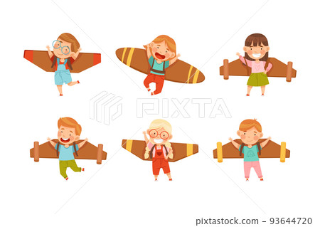 Cheerful Kids with Improvised Fake Wings Flying and Playing Vector Set 93644720