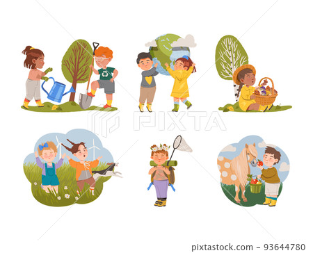 Little Kids Caring About Nature and Environment Engaged in Green Planet Conservation Vector Set 93644780