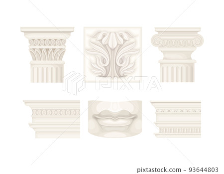 Antique Stone Column or Pillar and White Ceramic Element in Ionic Style and Ancient Ornament Vector Set Antique Stone Column or Pillar and White Ceramic Element in Ionic Style and Ancient Ornament Vector Set 93644803