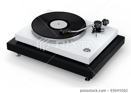 Vinyl record player or DJ turntable with retro vinyl disk on white background. Vinyl record player or DJ turntable with retro vinyl disk on white background. 93645082