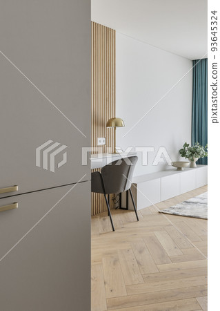 Modern minimalist interior design  with wooden furniture, oak floor in Scandinavian style.  Aesthetic simple interior design concept. 93645324