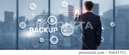 Backup Storage Data Technology concept. Businessman touching Backup Backup Storage Data Technology concept. Businessman touching Backup 93645751