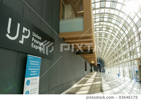 Toronto, ON, Canada - July 10 2021 : UP Express access lounge in Union Station during covid-19 pandemic period. Toronto, ON, Canada - July 10 2021 : UP Express access lounge in Union Station during covid-19 pandemic period. 93646178