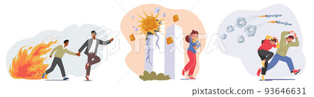 Set Frightened People Escape from Destroyed City with Explode Buildings and Falling Bombs. Scared Mother with Baby Set Frightened People Escape from Destroyed City with Explode Buildings and Falling Bombs. Scared Mother with Baby 93646631