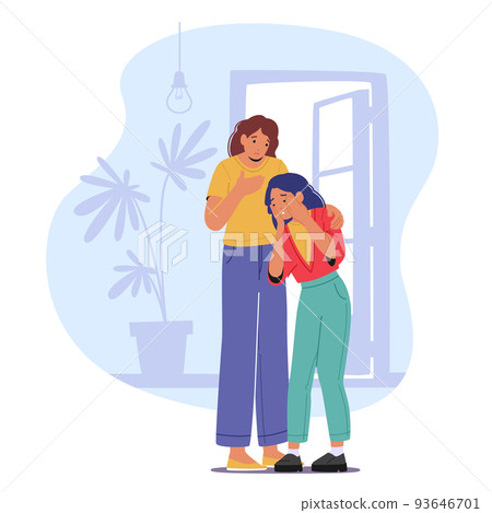 Parent Character Support Child. Mother Comforting and Hug Teenage Daughter in Room Mom and Girl Talk and Share Problems Parent Character Support Child. Mother Comforting and Hug Teenage Daughter in Room Mom and Girl Talk and Share Problems 93646701