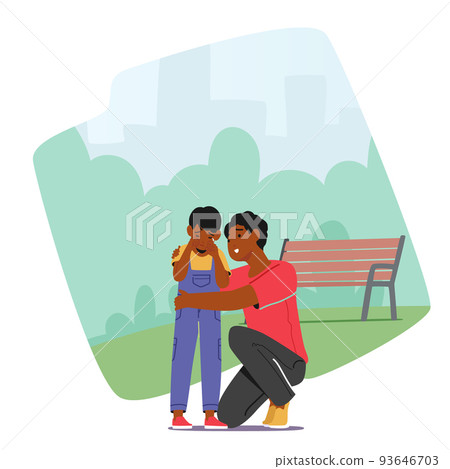 Loving Family Relations, Parenting Concept. Father Comforting Crying Child on Street. Dad Embrace Little Son Loving Family Relations, Parenting Concept. Father Comforting Crying Child on Street. Dad Embrace Little Son 93646703
